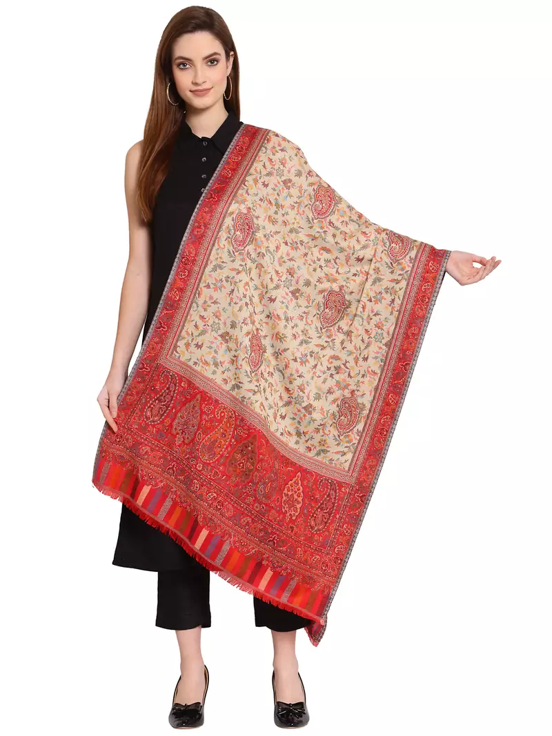 Cream & Red Ethnic Motif Woven Design Woolen Shawl (200 x 70 cm)