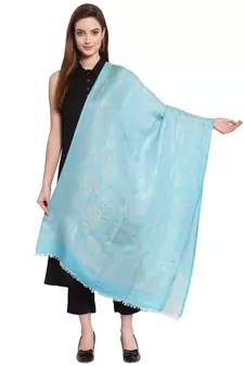 Sky Blue & Gold Floral Woven Design Modal Shawl (180 x 70 cm)