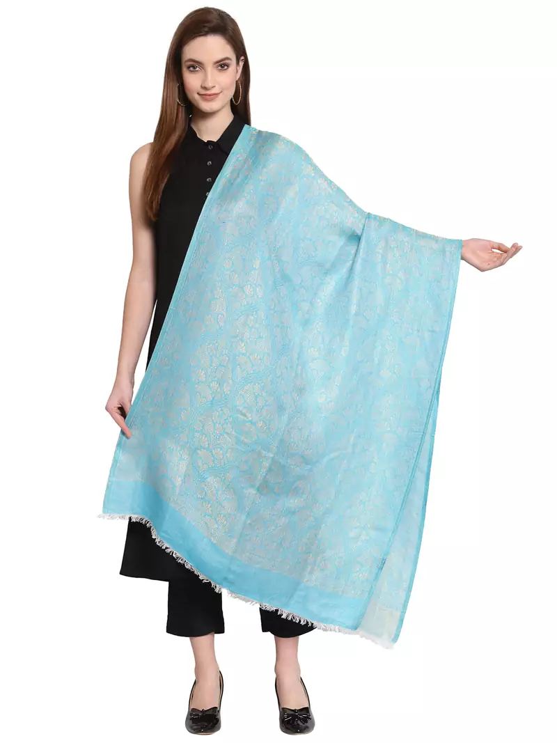 Sky Blue & Gold Floral Woven Design Modal Shawl (180 x 70 cm)