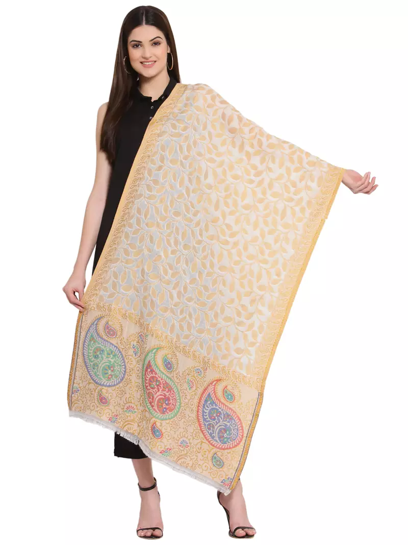 Beige & Multi Paisley Woven Design Woolen Shawl (180 x 70 cm)