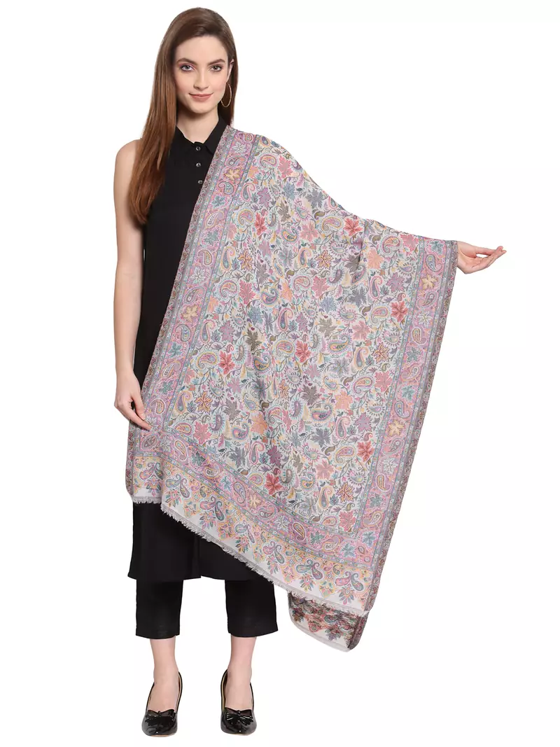 White & Multi Paisley Woven Design Woolen Shawl (200 x 75 cm)