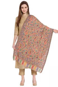 Beige & Multi Floral Woven Design Woolen Shawl (180 x 70 cm)