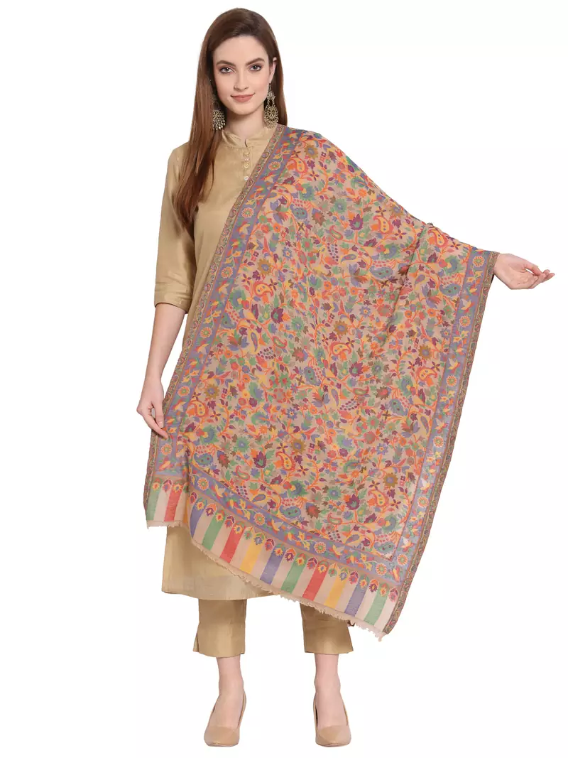 Beige & Multi Floral Woven Design Woolen Shawl (180 x 70 cm)
