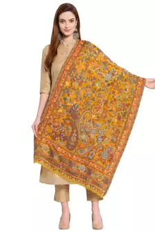 Yellow & Multi Floral Paisley Woven Design Woolen Shawl (210 x 70 cm)