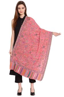 Pink & Multi Floral Woven Design Woolen Shawl (180 x 70 cm)