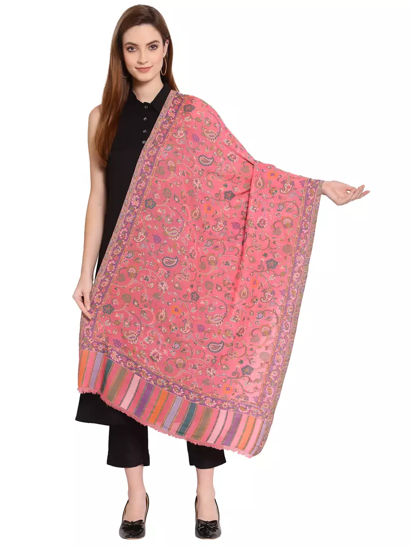 Pink & Multi Floral Woven Design Woolen Shawl (180 x 70 cm)