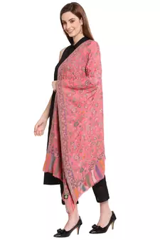 Pink & Multi Floral Woven Design Woolen Shawl (180 x 70 cm)