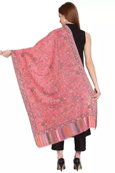Pink & Multi Floral Woven Design Woolen Shawl (180 x 70 cm)