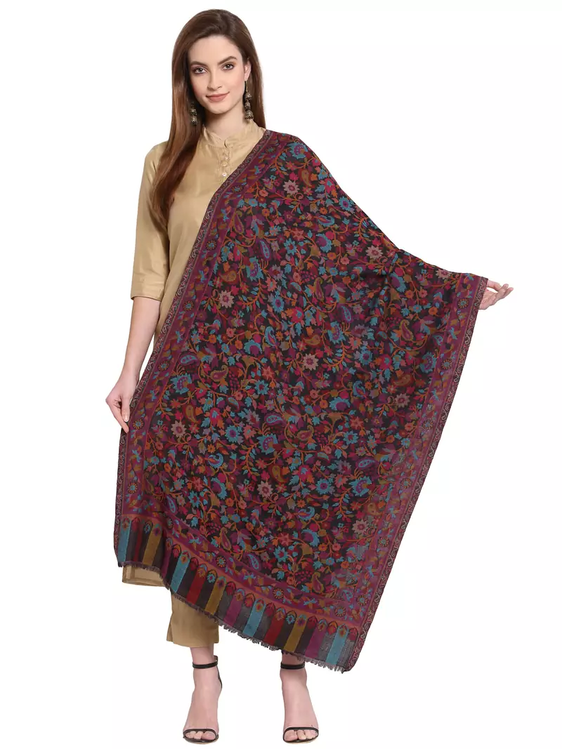 Black & Multi Floral Woven Design Woolen Shawl (180 x 70 cm)