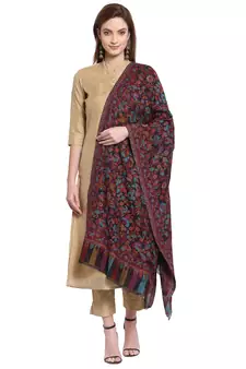 Black & Multi Floral Woven Design Woolen Shawl (180 x 70 cm)