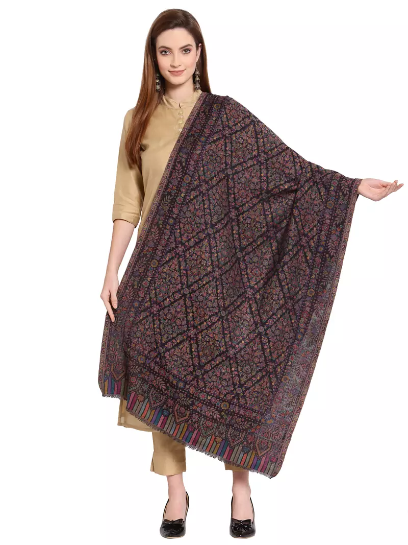 Black & Multi Floral Woven Design Woolen Shawl (200 x 70 cm)