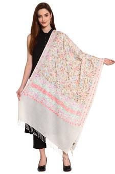 White & Multi Floral Embroidered Woolen Shawl (200 x 70 cm)