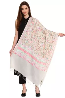 White & Multi Floral Embroidered Woolen Shawl (200 x 70 cm)