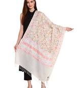 White & Multi Floral Embroidered Woolen Shawl (200 x 70 cm)