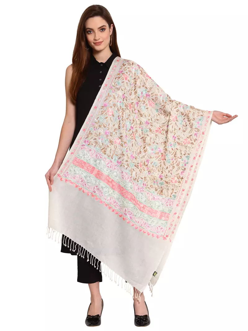 White & Multi Floral Embroidered Woolen Shawl (200 x 70 cm)