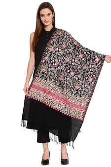 Black & Multi Floral Embroidered Woolen Shawl (200 x 70 cm)
