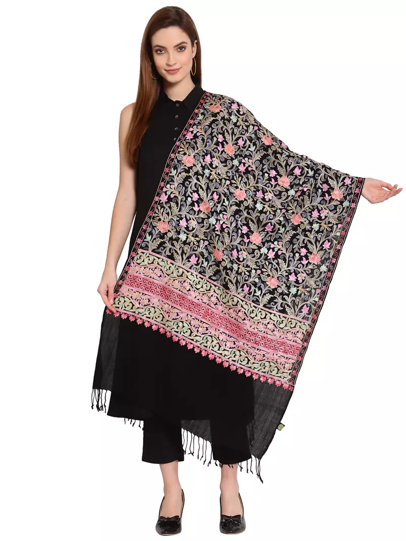 Black & Multi Floral Embroidered Woolen Shawl (200 x 70 cm)