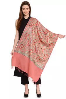 Coral &  Multi Paisley Embroidered Woolen Shawl (200 x 70 cm)