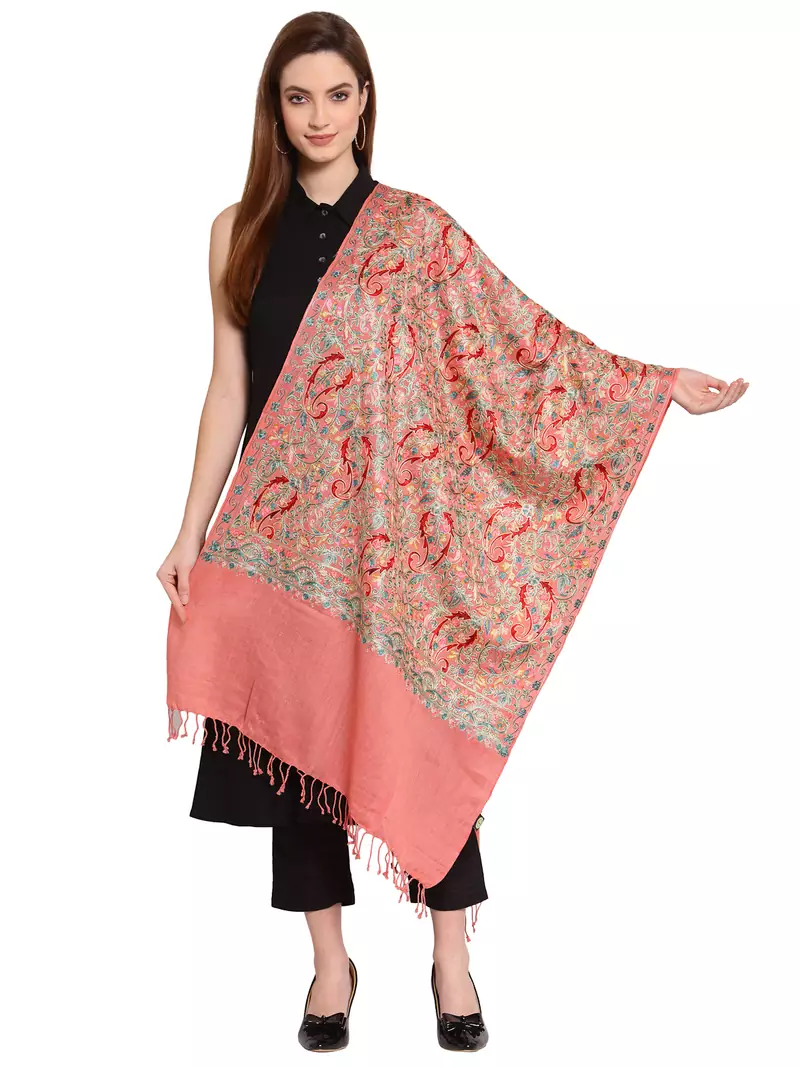 Coral &  Multi Paisley Embroidered Woolen Shawl (200 x 70 cm)