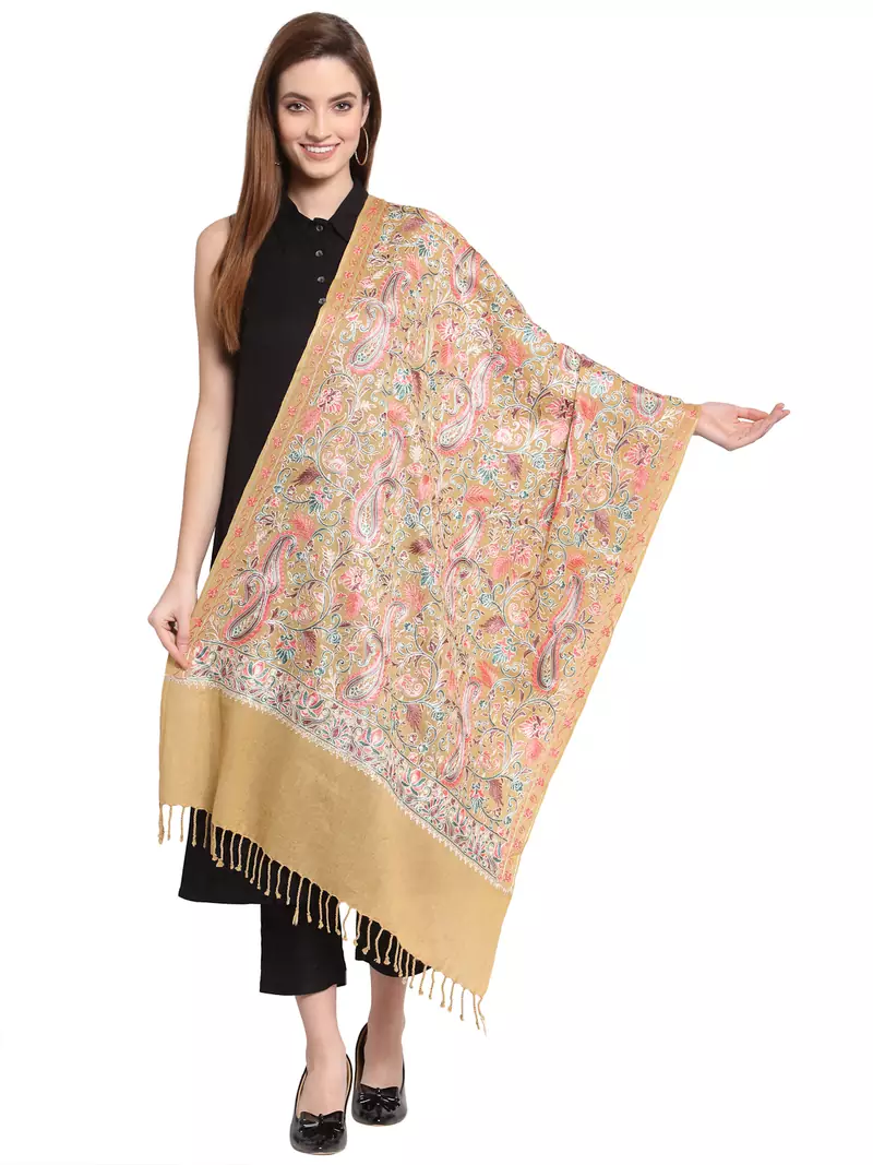 Beige & Multi Paisley Embroidered Woolen Shawl (200 x 70 cm)