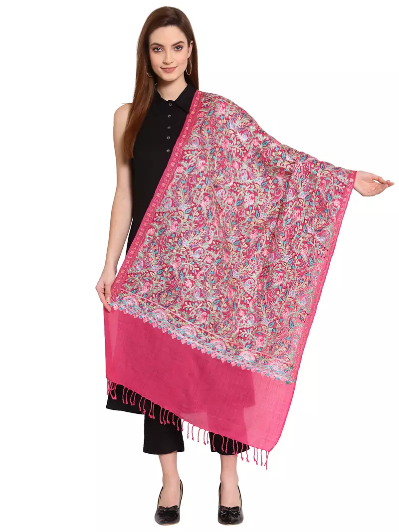 Fuchsia & Multi Paisley Embroidered Woolen Shawl (200 x 70 cm)