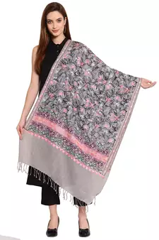 Grey & Multi Floral Embroidered Woolen Shawl (200 x 70 cm)