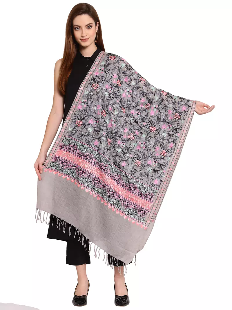 Grey & Multi Floral Embroidered Woolen Shawl (200 x 70 cm)