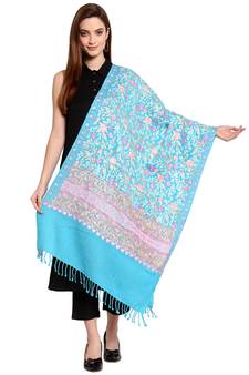 Blue & Pink Floral Embroidered Woolen Shawl (200 x 70 cm)