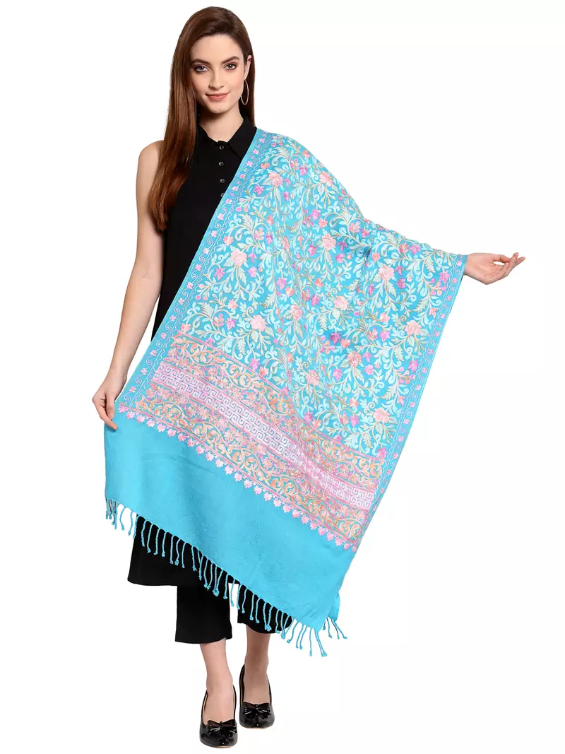 Blue & Pink Floral Embroidered Woolen Shawl (200 x 70 cm)