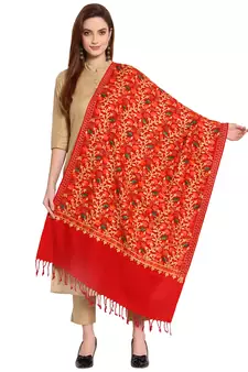 Maroon & Multi Floral Embroidered Woolen Shawl (200 x 75 cm)