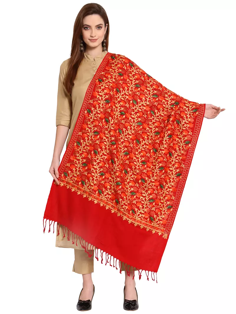 Maroon & Multi Floral Embroidered Woolen Shawl (200 x 75 cm)
