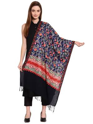 Black & Multi Floral Embroidered Woolen Shawl (200 x 70 cm) 1