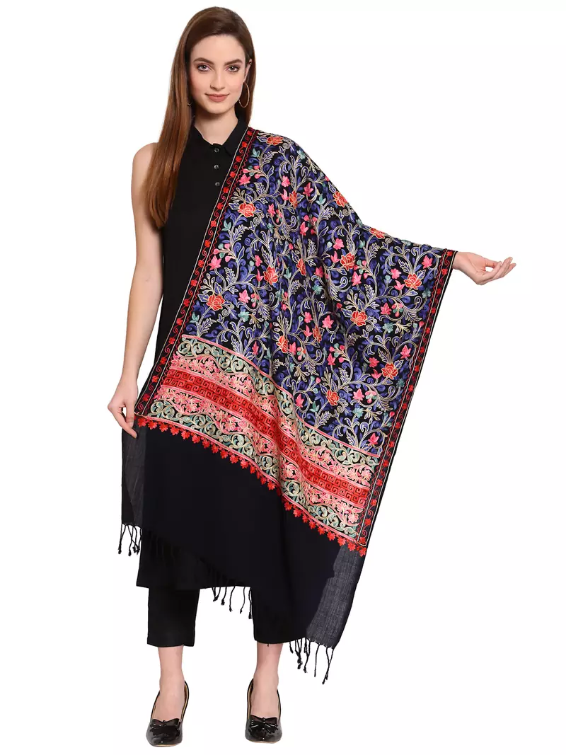 Black & Multi Floral Embroidered Woolen Shawl (200 x 70 cm)