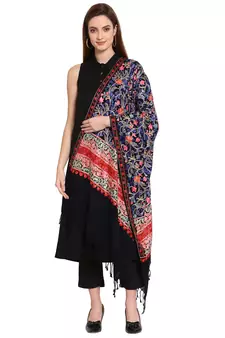 Black & Multi Floral Embroidered Woolen Shawl (200 x 70 cm)