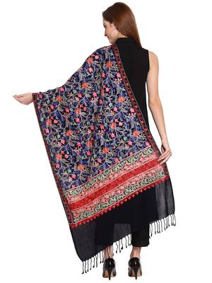 Black & Multi Floral Embroidered Woolen Shawl (200 x 70 cm) 3