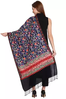 Black & Multi Floral Embroidered Woolen Shawl (200 x 70 cm)