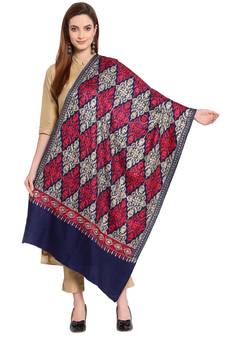 Navy Blue, Gold & Red Ethnic Motif Embroidered Woolen Shawl (200 x 70 cm)