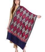 Navy Blue, Gold & Red Ethnic Motif Embroidered Woolen Shawl (200 x 70 cm)