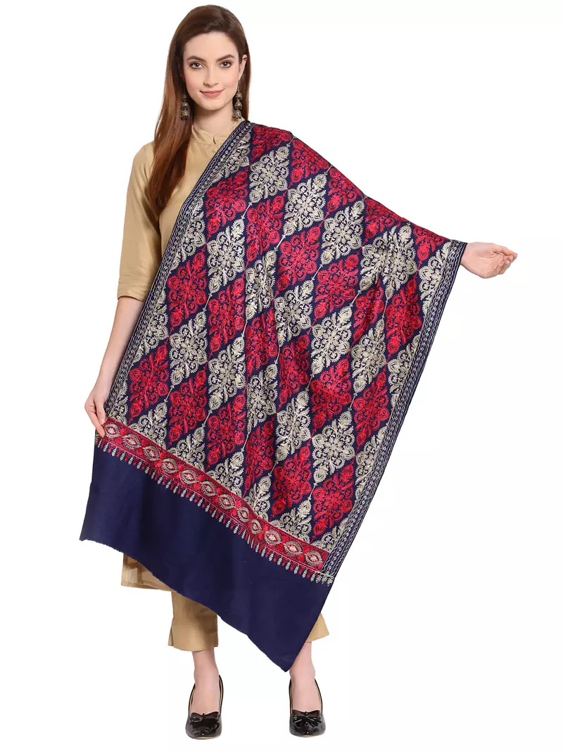 Navy Blue, Gold & Red Ethnic Motif Embroidered Woolen Shawl (200 x 70 cm)