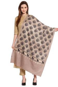 Taupe & Black Peacock Feather Embroidered Design Woolen Shawl (200 x 70 cm)
