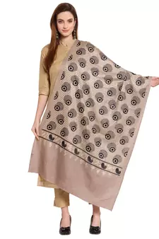 Taupe & Black Peacock Feather Embroidered Design Woolen Shawl (200 x 70 cm)
