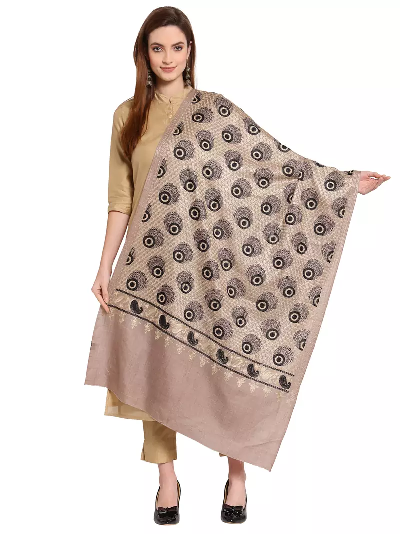 Taupe & Black Peacock Feather Embroidered Design Woolen Shawl (200 x 70 cm)