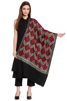 Black, Gold & Maroon Ethnic Motif Embroidered Woolen Shawl (200 x 70 cm)