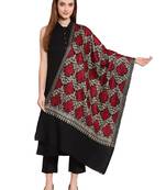 Black, Gold & Maroon Ethnic Motif Embroidered Woolen Shawl (200 x 70 cm)