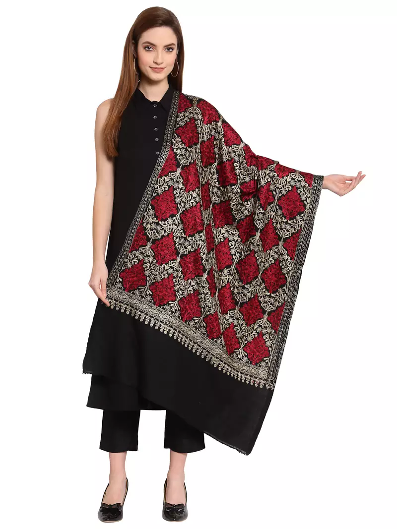 Black, Gold & Maroon Ethnic Motif Embroidered Woolen Shawl (200 x 70 cm)
