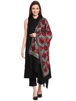 Black, Gold & Maroon Ethnic Motif Embroidered Woolen Shawl (200 x 70 cm) 2