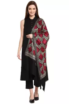 Black, Gold & Maroon Ethnic Motif Embroidered Woolen Shawl (200 x 70 cm)