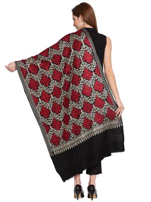 Black, Gold & Maroon Ethnic Motif Embroidered Woolen Shawl (200 x 70 cm) 3