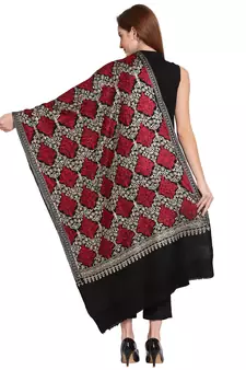 Black, Gold & Maroon Ethnic Motif Embroidered Woolen Shawl (200 x 70 cm)