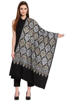 Black, Gold & Silver Ethnic Motif Embroidered Woolen Shawl (200 x 70 cm)